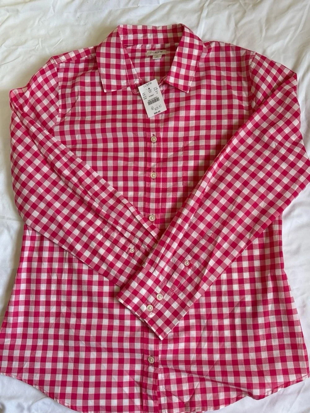 J. Crew Pink and White Gingham Button-Up Blouse